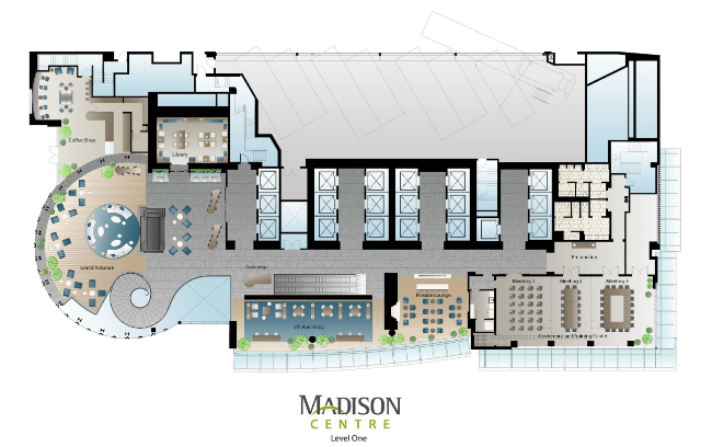 Level 1 (Rotunda with fireplace, Library, Lounge, Elevators, and Conference Room)