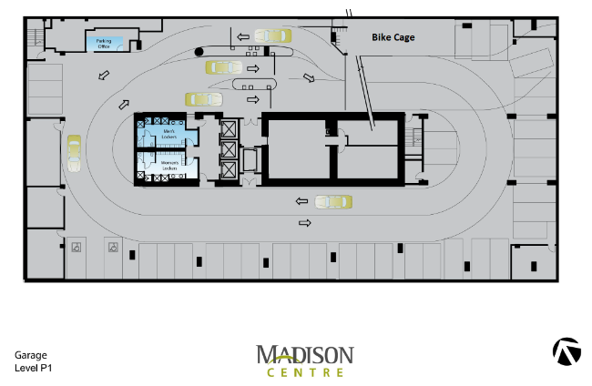 Level P1 Garage (Bike Cage, Parking Office, Locker Rooms, Elevators to Level G and Level 1. 